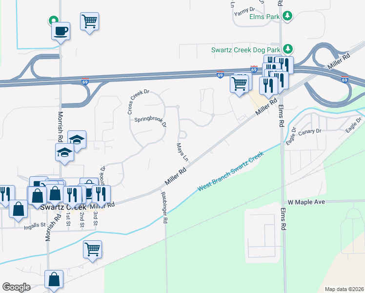 map of restaurants, bars, coffee shops, grocery stores, and more near 7245 Maplecrest Circle in Swartz Creek