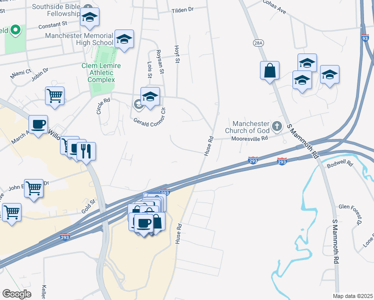 map of restaurants, bars, coffee shops, grocery stores, and more near Parkview Hills Condominiums in Manchester