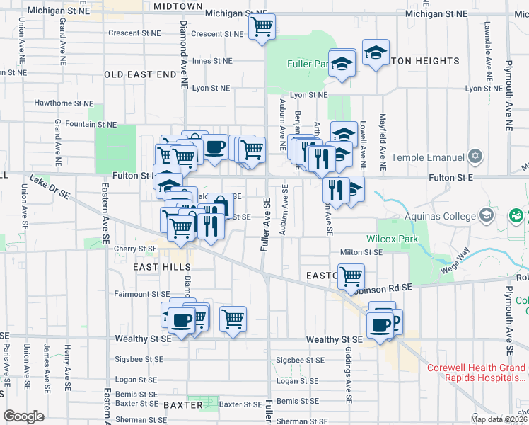 map of restaurants, bars, coffee shops, grocery stores, and more near 1165 Hermitage Street Southeast in Grand Rapids