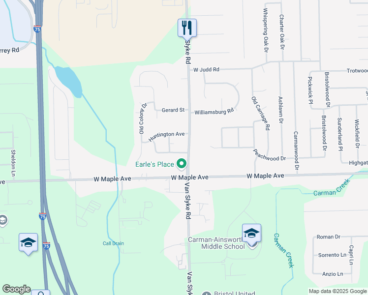 map of restaurants, bars, coffee shops, grocery stores, and more near 4458 Van Slyke Road in Flint