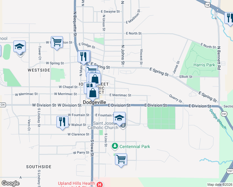 map of restaurants, bars, coffee shops, grocery stores, and more near 221 East Chapel Street in Dodgeville