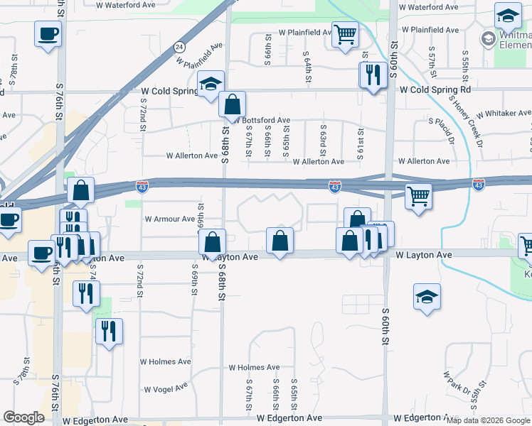 map of restaurants, bars, coffee shops, grocery stores, and more near 6455 West English Meadows Drive in Greenfield