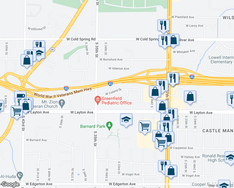 map of restaurants, bars, coffee shops, grocery stores, and more near 3231w West Colony Drive in Greenfield