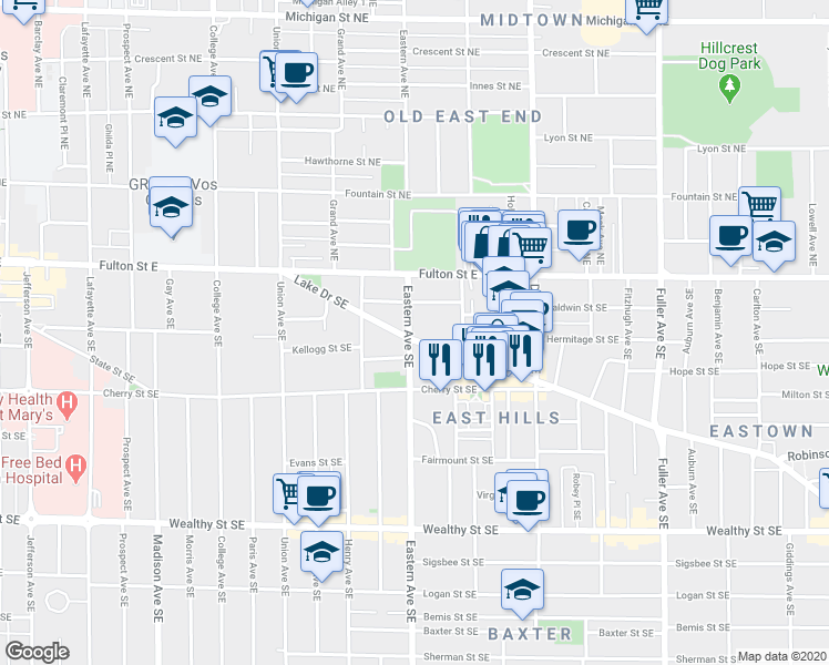 map of restaurants, bars, coffee shops, grocery stores, and more near 54 Eastern Ave SE in Grand Rapids