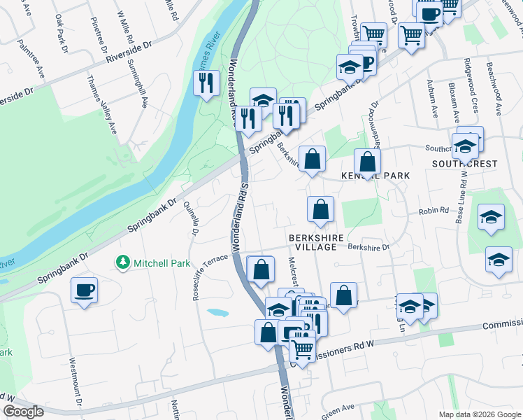 map of restaurants, bars, coffee shops, grocery stores, and more near 409 Old Wonderland Road in London