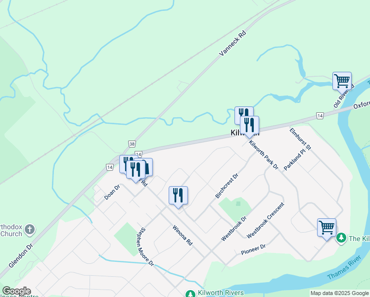 map of restaurants, bars, coffee shops, grocery stores, and more near 10507 Glendon Drive in Komoka