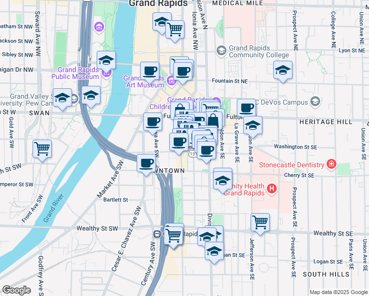 map of restaurants, bars, coffee shops, grocery stores, and more near 59 Commerce Avenue Southwest in Grand Rapids