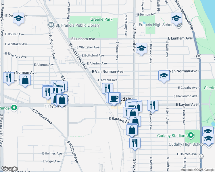 map of restaurants, bars, coffee shops, grocery stores, and more near 3435A East Armour Avenue in Cudahy