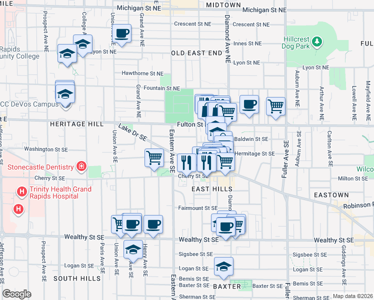map of restaurants, bars, coffee shops, grocery stores, and more near 833 Lake Drive Southeast in Grand Rapids