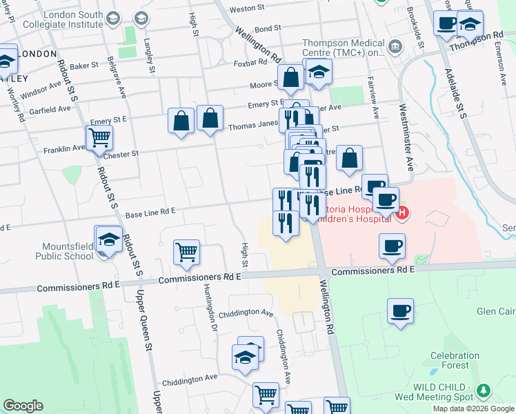 map of restaurants, bars, coffee shops, grocery stores, and more near in London