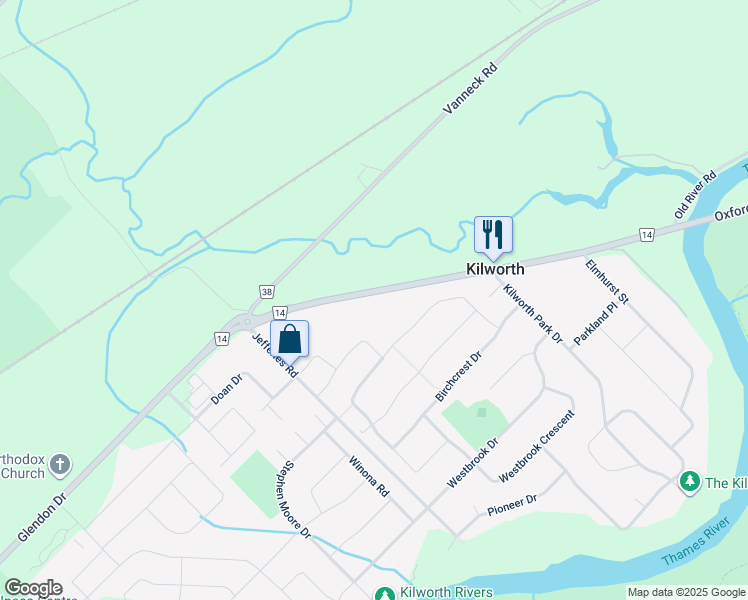 map of restaurants, bars, coffee shops, grocery stores, and more near 10507 Glendon Drive in Komoka