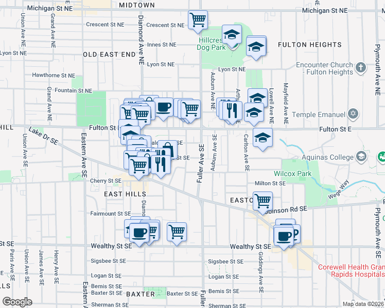 map of restaurants, bars, coffee shops, grocery stores, and more near 41 Fitzhugh Avenue Southeast in Grand Rapids