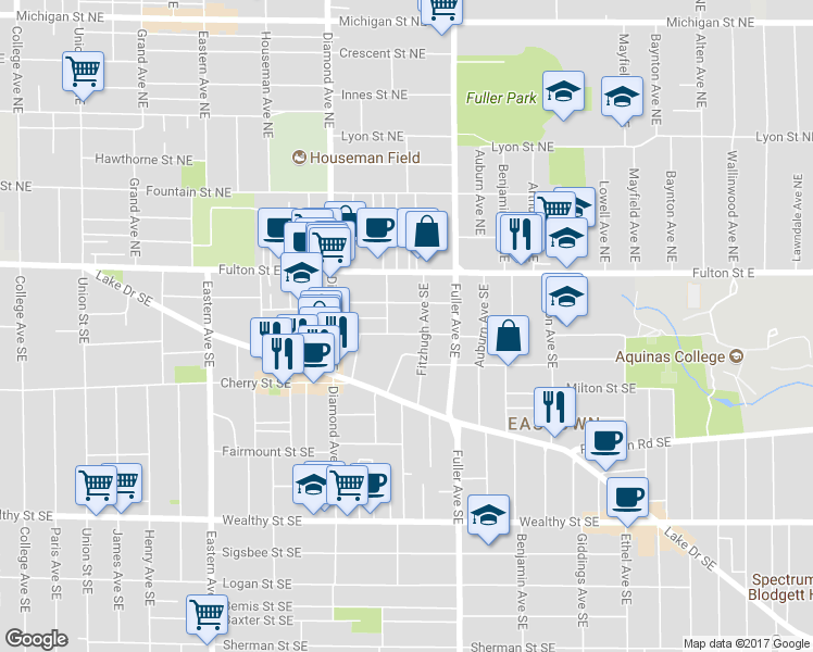 map of restaurants, bars, coffee shops, grocery stores, and more near 45 Fitzhugh Avenue Southeast in Grand Rapids