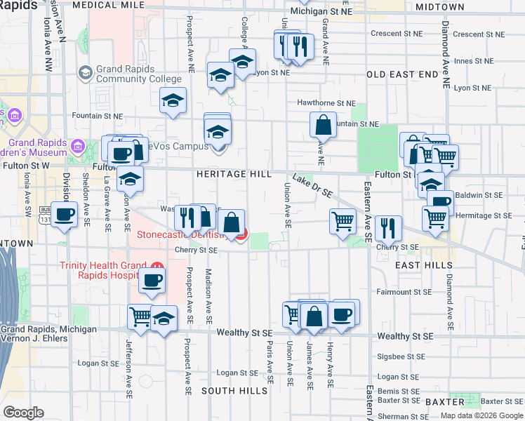 map of restaurants, bars, coffee shops, grocery stores, and more near 50 College Avenue Southeast in Grand Rapids