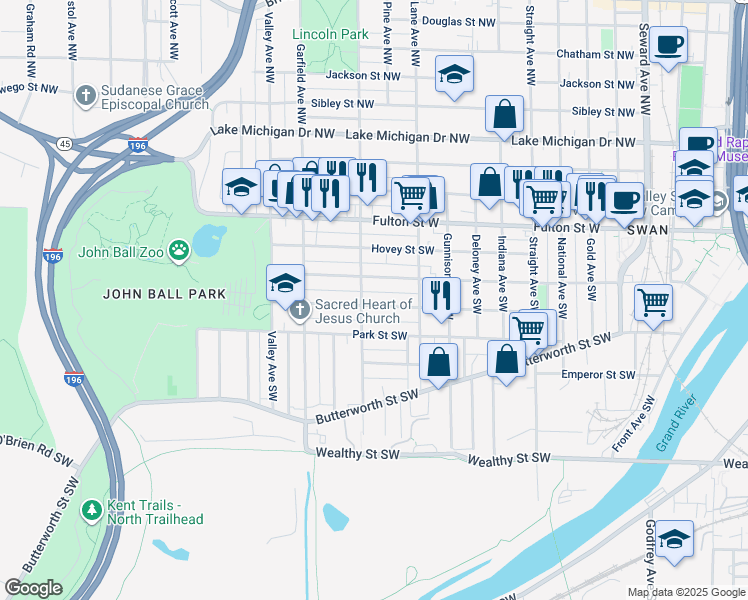 map of restaurants, bars, coffee shops, grocery stores, and more near 117 Marion Avenue Southwest in Grand Rapids