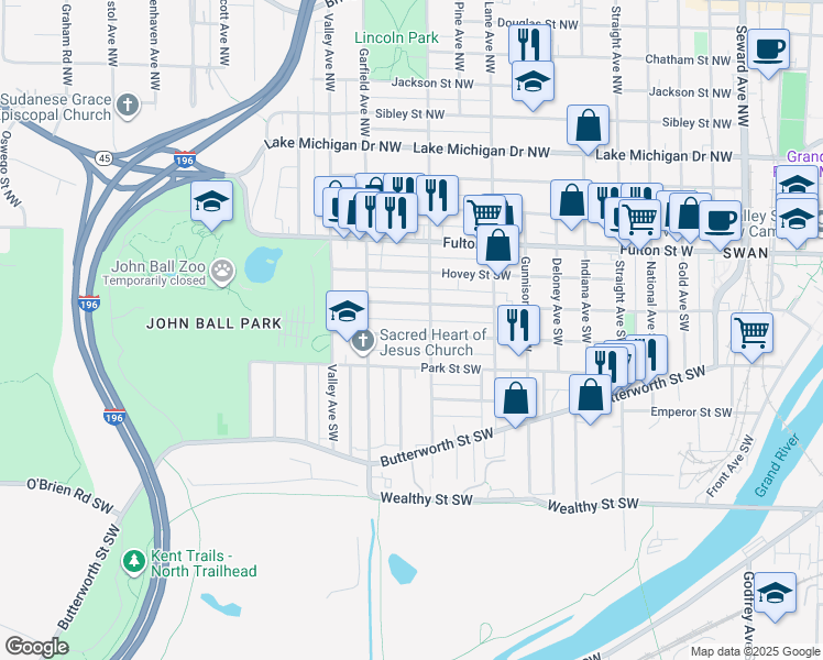 map of restaurants, bars, coffee shops, grocery stores, and more near 117 Marion Avenue Southwest in Grand Rapids