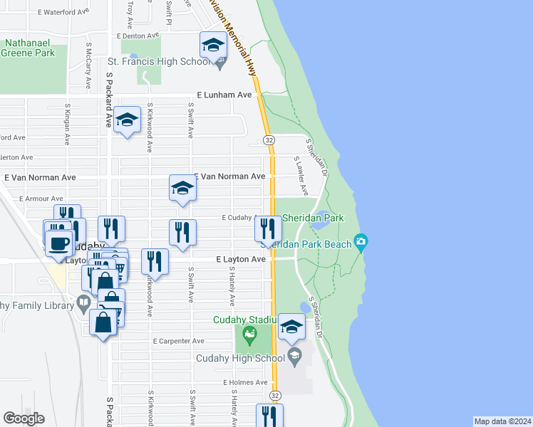 map of restaurants, bars, coffee shops, grocery stores, and more near 4559 South Lake Drive in Cudahy
