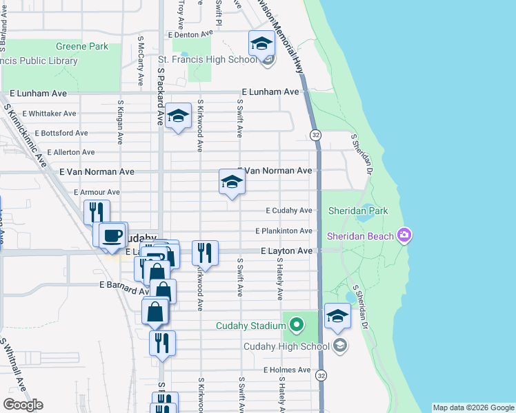 map of restaurants, bars, coffee shops, grocery stores, and more near 3847A East Armour Avenue in Cudahy