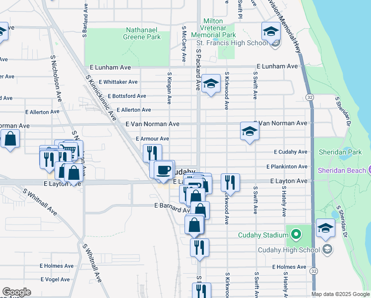 map of restaurants, bars, coffee shops, grocery stores, and more near 3547 East Armour Avenue in Cudahy