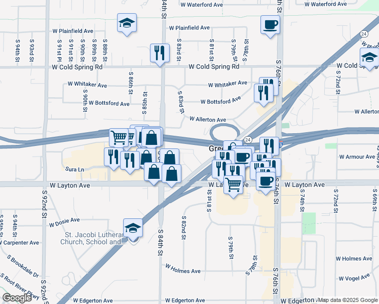 map of restaurants, bars, coffee shops, grocery stores, and more near 8118 West Forest Garden Court in Greenfield