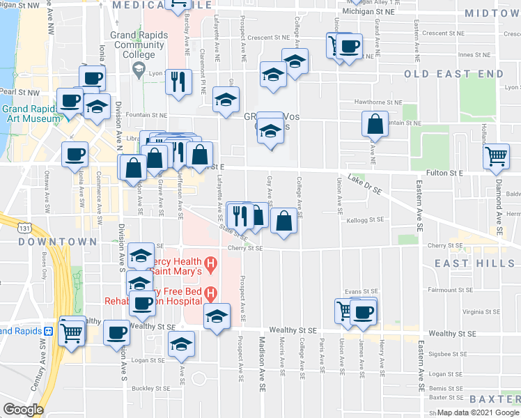 map of restaurants, bars, coffee shops, grocery stores, and more near Madison Ave SE & Washington St SE in Grand Rapids