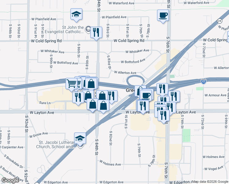 map of restaurants, bars, coffee shops, grocery stores, and more near 8118 West Forest Garden Court in Greenfield