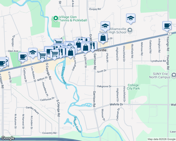map of restaurants, bars, coffee shops, grocery stores, and more near 72 South Ellicott Street in Williamsville