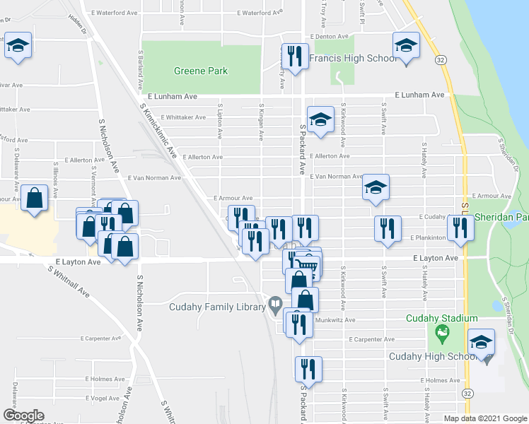 map of restaurants, bars, coffee shops, grocery stores, and more near 3502 East Cudahy Avenue in Cudahy