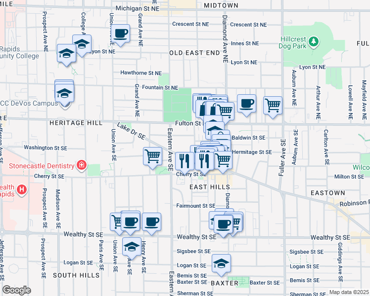 map of restaurants, bars, coffee shops, grocery stores, and more near 833 Lake Drive Southeast in Grand Rapids