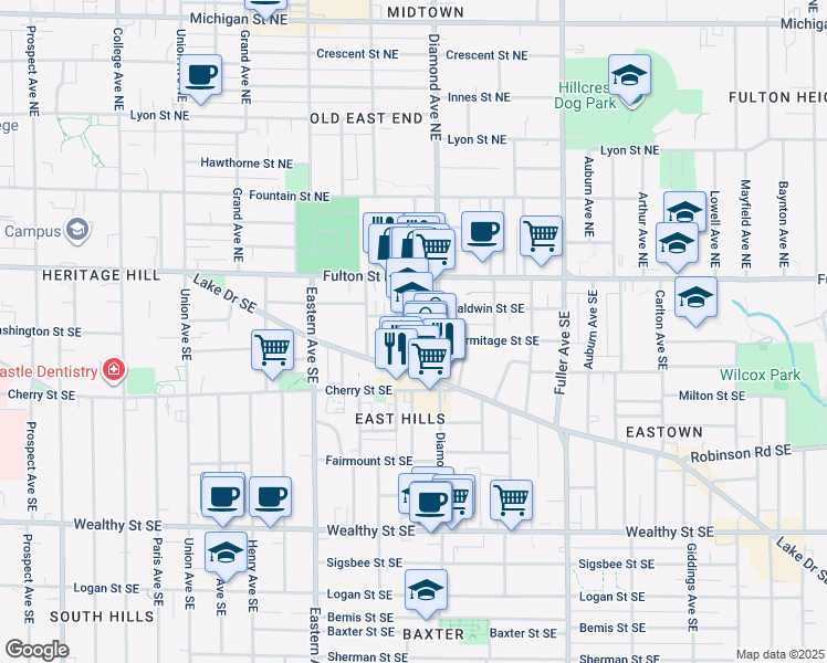 map of restaurants, bars, coffee shops, grocery stores, and more near 940 Baldwin Street Southeast in Grand Rapids