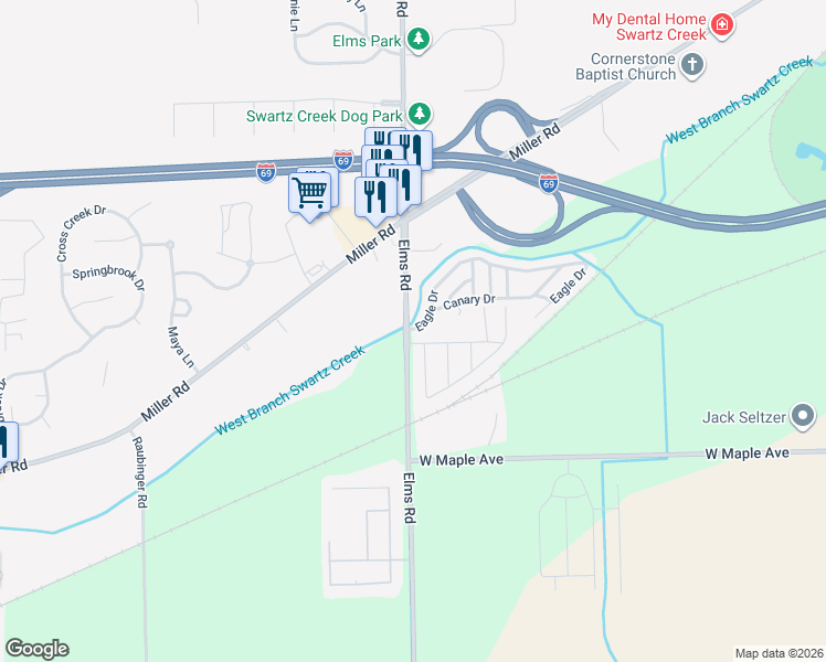 map of restaurants, bars, coffee shops, grocery stores, and more near 16 Eagle Drive in Swartz Creek
