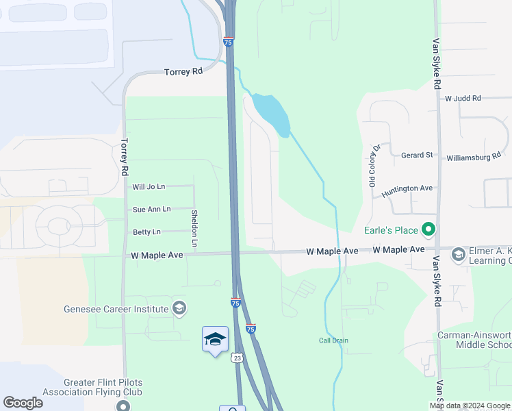 map of restaurants, bars, coffee shops, grocery stores, and more near 4481 Rainbow Lane in Flint