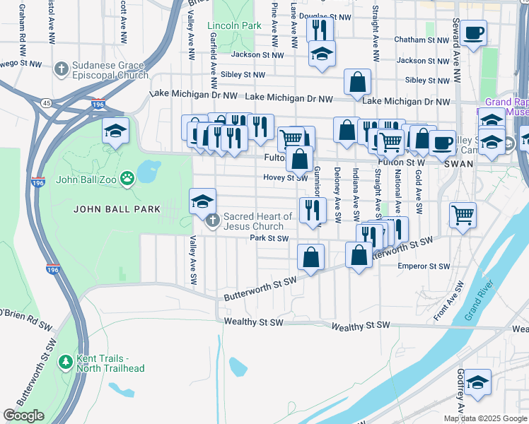 map of restaurants, bars, coffee shops, grocery stores, and more near 117 Marion Avenue Southwest in Grand Rapids