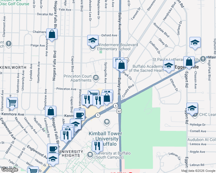 map of restaurants, bars, coffee shops, grocery stores, and more near 98 Springville Avenue in Buffalo