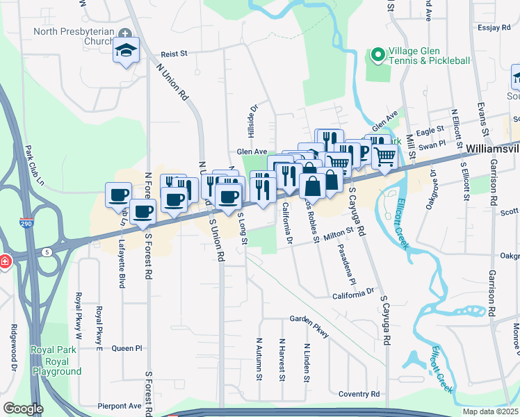 map of restaurants, bars, coffee shops, grocery stores, and more near 5380 Main Street in Williamsville