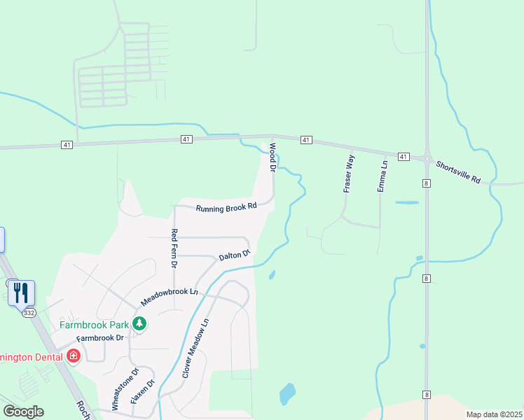 map of restaurants, bars, coffee shops, grocery stores, and more near 5663 Running Brook Road in Farmington