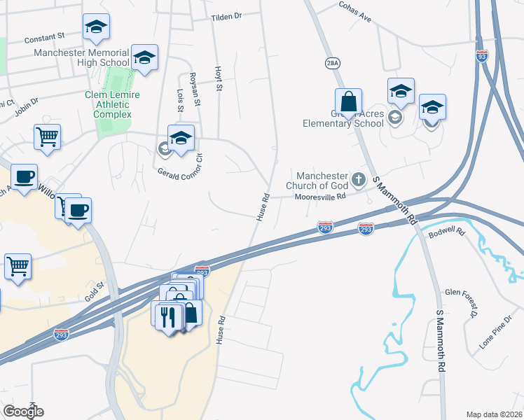 map of restaurants, bars, coffee shops, grocery stores, and more near 354 Huse Road in Manchester