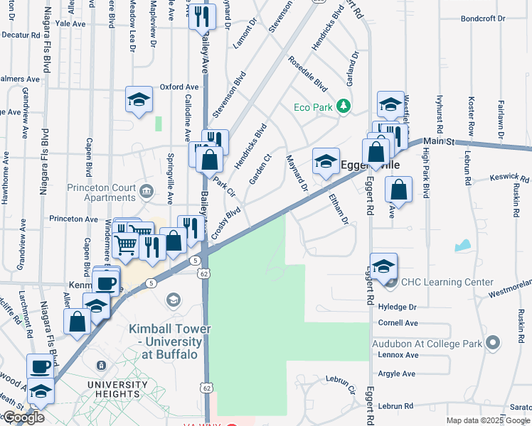 map of restaurants, bars, coffee shops, grocery stores, and more near 3770 Main Street in Buffalo