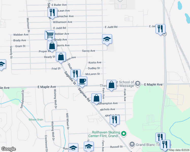 map of restaurants, bars, coffee shops, grocery stores, and more near 2240 McLaren Street in Burton