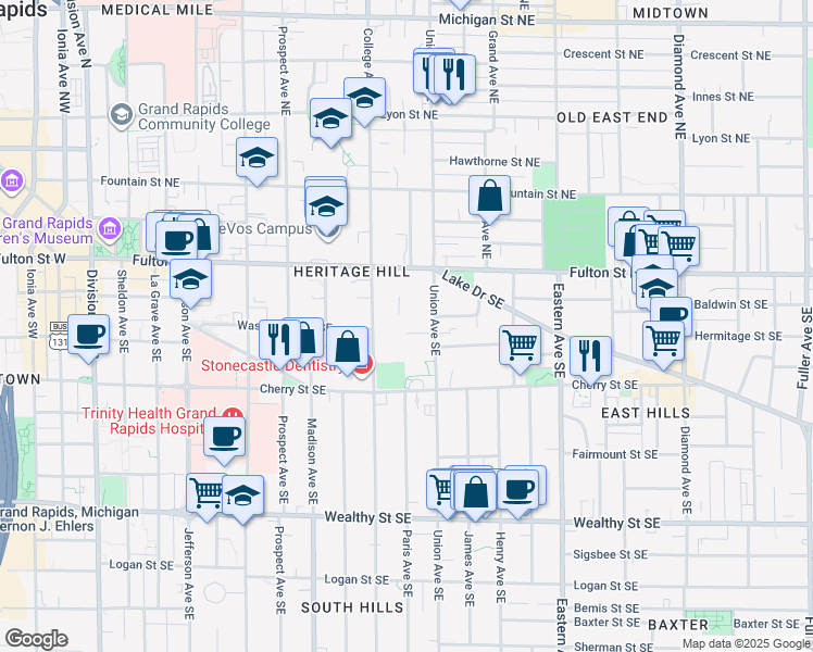 map of restaurants, bars, coffee shops, grocery stores, and more near 50 College Avenue Southeast in Grand Rapids