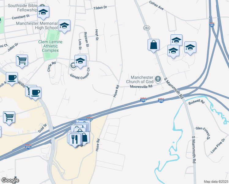 map of restaurants, bars, coffee shops, grocery stores, and more near 354 Huse Road in Manchester