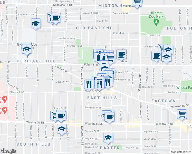 map of restaurants, bars, coffee shops, grocery stores, and more near 112 Dwight Avenue Southeast in Grand Rapids