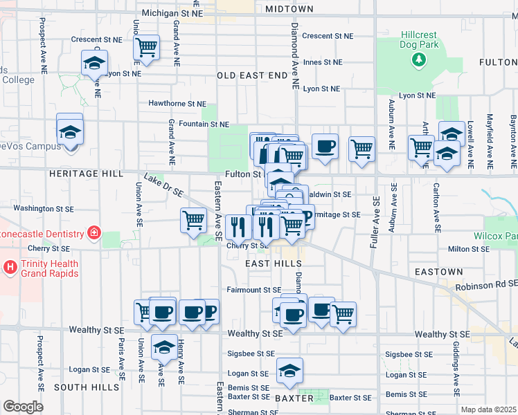 map of restaurants, bars, coffee shops, grocery stores, and more near 112 Dwight Avenue Southeast in Grand Rapids