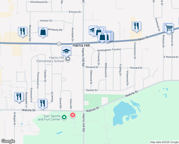 map of restaurants, bars, coffee shops, grocery stores, and more near 4205 Harris Hill Road in Buffalo