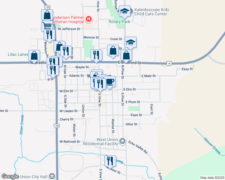 map of restaurants, bars, coffee shops, grocery stores, and more near 100 North Walnut Street in West Union