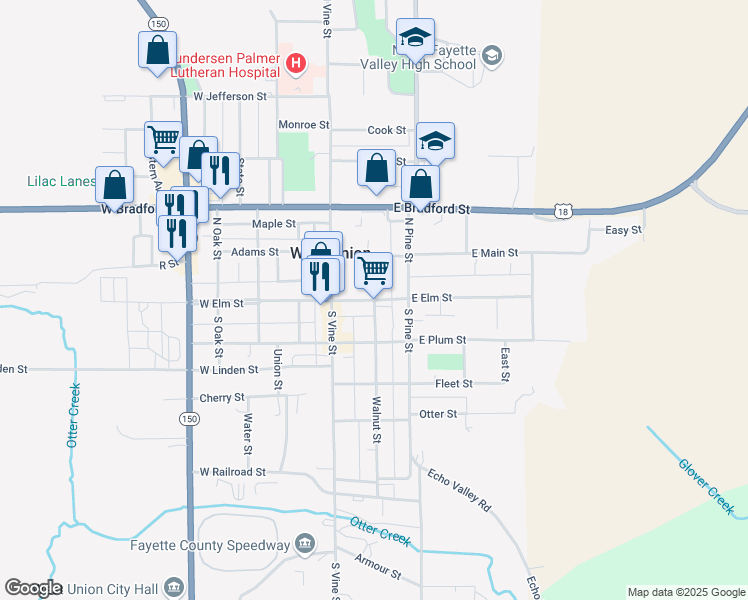 map of restaurants, bars, coffee shops, grocery stores, and more near 100 North Walnut Street in West Union