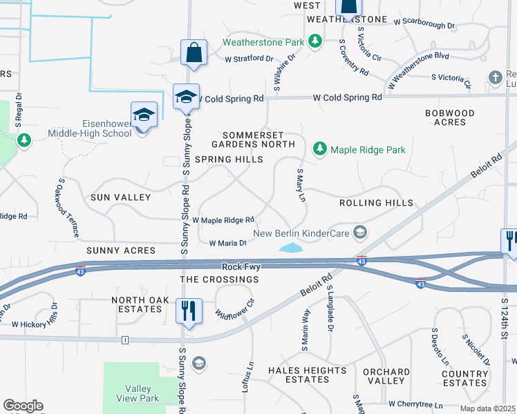 map of restaurants, bars, coffee shops, grocery stores, and more near 13605 West Sun Valley Drive in New Berlin