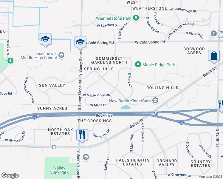map of restaurants, bars, coffee shops, grocery stores, and more near 13605 West Sun Valley Drive in New Berlin