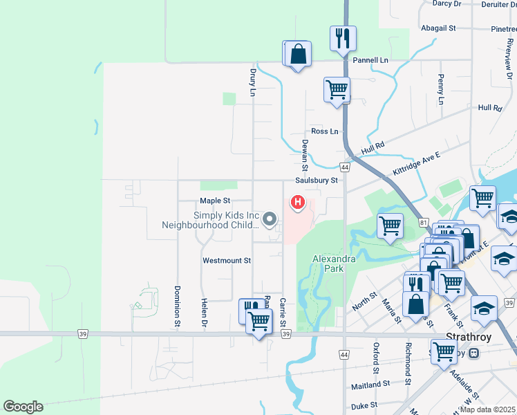 map of restaurants, bars, coffee shops, grocery stores, and more near 411 Drury Lane in Strathroy