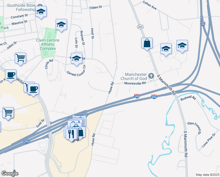 map of restaurants, bars, coffee shops, grocery stores, and more near 354 Huse Road in Manchester